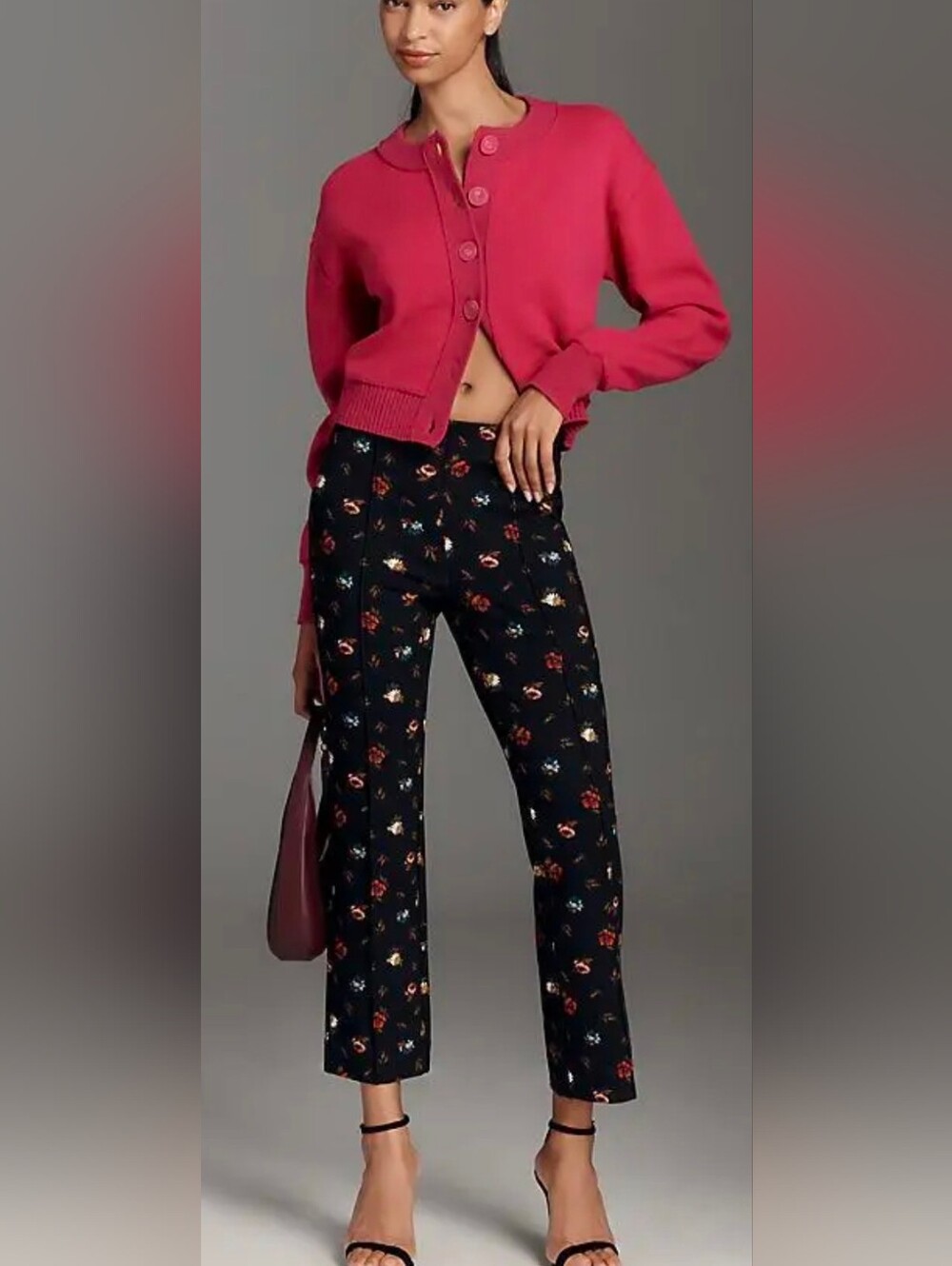 Anthropologie Black Floral Cropped Kick Flare Pull On Pants - Picture 4 of 5